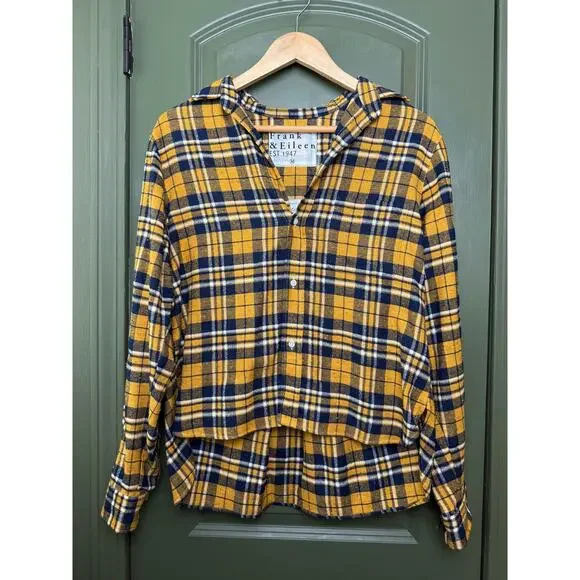 NWOT Frank & Eileen SILVIO Untuckable Button-Up Shirt Yellow Navy Plaid Medium - Picture 2 of 6